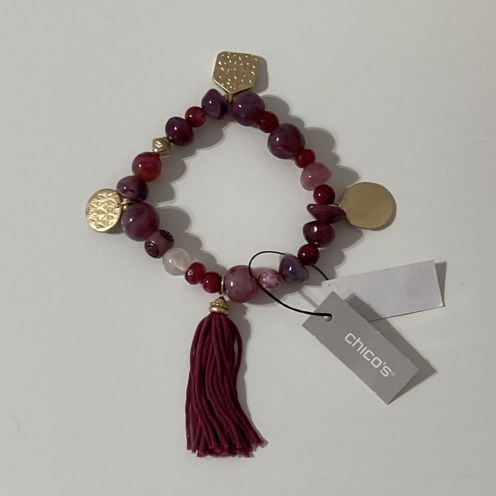 Chicos Gold Tone Purple Tassle Bead Bracelet Bohemian Boho Stretch